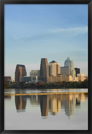 Framed Reflection of buildings in water, Town Lake, Austin, Texas Print