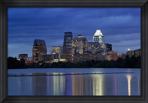 Framed Buildings at the waterfront lit up at dusk, Town Lake, Austin, Texas, USA Print