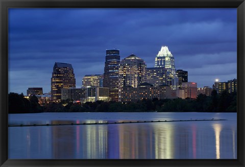 Framed Buildings at the waterfront lit up at dusk, Town Lake, Austin, Texas, USA Print