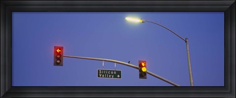 Framed Low angle view of traffic lights and a street sign, Silicon Valley, San Francisco, California Print
