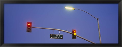 Framed Low angle view of traffic lights and a street sign, Silicon Valley, San Francisco, California Print