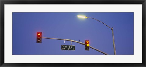 Framed Low angle view of traffic lights and a street sign, Silicon Valley, San Francisco, California Print