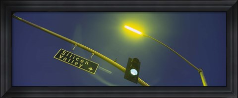 Framed Low angle view of traffic light and a street sign, Silicon Valley, San Francisco, California, USA Print