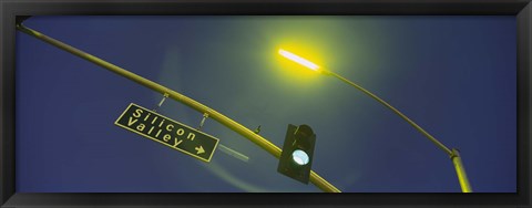 Framed Low angle view of traffic light and a street sign, Silicon Valley, San Francisco, California, USA Print