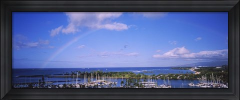 Framed Rainbow Over Boats in Honolulu, Hawaii Print