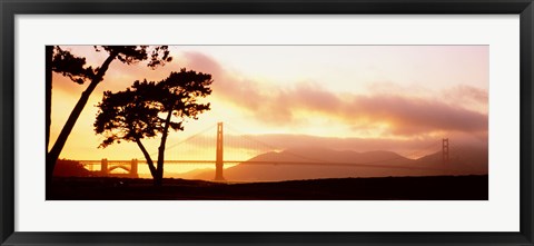 Framed Silhouette of trees at sunset, Golden Gate Bridge, San Francisco, California, USA Print