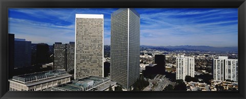 Framed High angle view of a city, San Gabriel Mountains, Hollywood Hills, Century City, City of Los Angeles, California, USA Print