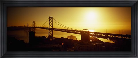 Framed High angle view of a suspension bridge at sunset, Bay Bridge, San Francisco, California, USA Print
