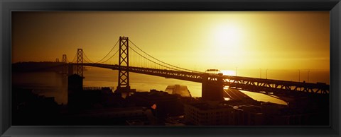 Framed High angle view of a suspension bridge at sunset, Bay Bridge, San Francisco, California, USA Print