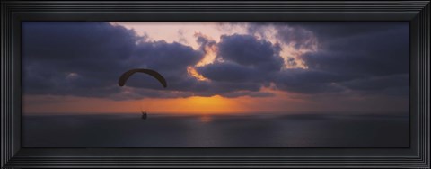 Framed Silhouette of a person paragliding over the sea, Blacks Beach, San Diego, California, USA Print