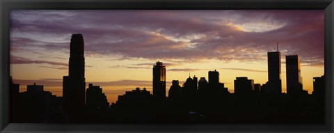 Framed Silhouette of skyscrapers at sunset, Manhattan, New York City, New York State, USA Print