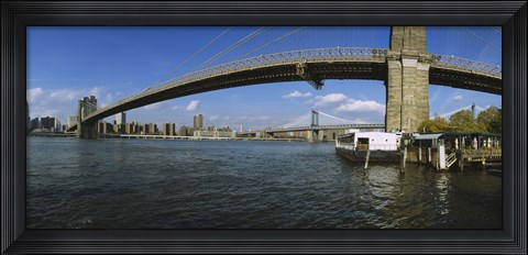 Framed Suspension bridge across a river, Brooklyn Bridge, East River, Manhattan, New York City, New York State, USA Print