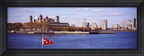 Framed Museum and skyscrapers viewed through a ferry, New Jersey, Ellis Island, New York City, New York State, USA Print