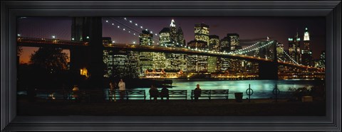 Framed Suspension bridge lit up at dusk, Brooklyn Bridge, East River, Manhattan, New York City, New York State, USA Print