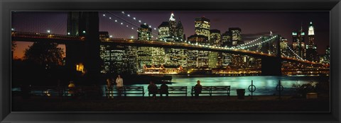 Framed Suspension bridge lit up at dusk, Brooklyn Bridge, East River, Manhattan, New York City, New York State, USA Print