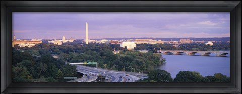 Framed High angle view of monuments, Potomac River, Lincoln Memorial, Washington Monument, Capitol Building, Washington DC, USA Print