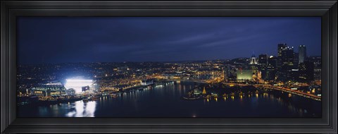 Framed High angle view of buildings lit up at night, Heinz Field, Pittsburgh, Allegheny county, Pennsylvania, USA Print