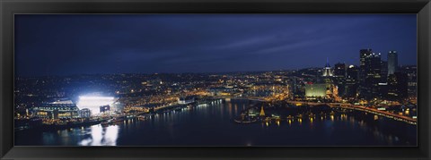 Framed High angle view of buildings lit up at night, Heinz Field, Pittsburgh, Allegheny county, Pennsylvania, USA Print