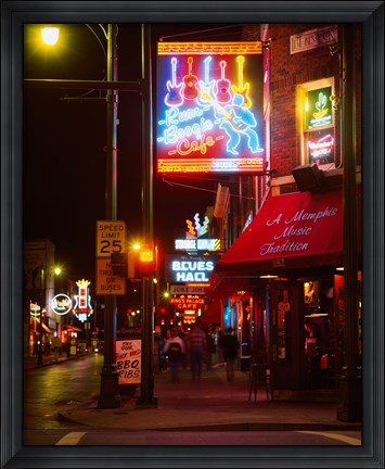 Framed Neon sign lit up at night in a city, Rum Boogie Cafe, Beale Street, Memphis, Shelby County, Tennessee, USA Print