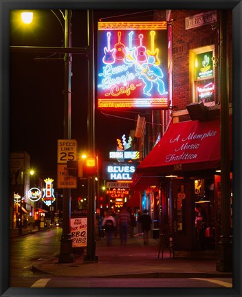 Framed Neon sign lit up at night in a city, Rum Boogie Cafe, Beale Street, Memphis, Shelby County, Tennessee, USA Print