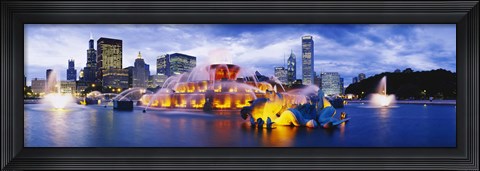 Framed Fountain lit up at dusk, Buckingham Fountain, Grant Park, Chicago, Illinois, USA Print