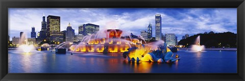 Framed Fountain lit up at dusk, Buckingham Fountain, Grant Park, Chicago, Illinois, USA Print