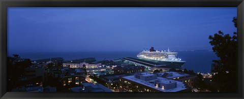 Framed High angle view of a cruise ship at a harbor, RMS Queen Mary 2, San Francisco, California, USA Print