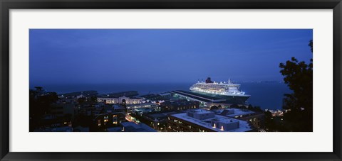 Framed High angle view of a cruise ship at a harbor, RMS Queen Mary 2, San Francisco, California, USA Print