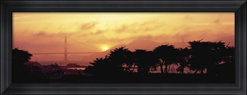 Framed Silhouette of trees at dusk with a bridge in the background, Golden Gate Bridge, San Francisco, California, USA Print