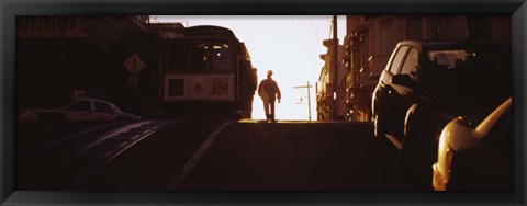 Framed Cable car on the tracks at sunset, San Francisco, California, USA Print