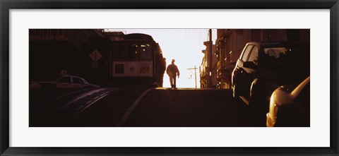 Framed Cable car on the tracks at sunset, San Francisco, California, USA Print