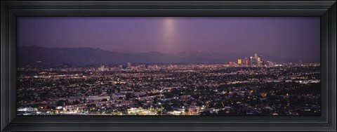 Framed Buildings in a city lit up at dusk, Hollywood, San Gabriel Mountains, City Of Los Angeles, Los Angeles County, California, USA Print