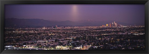 Framed Buildings in a city lit up at dusk, Hollywood, San Gabriel Mountains, City Of Los Angeles, Los Angeles County, California, USA Print