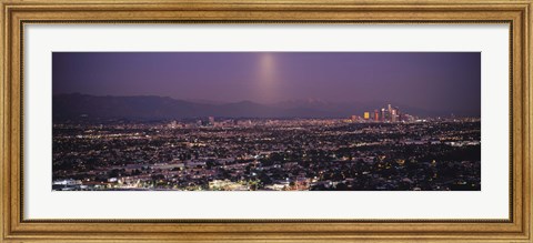 Framed Buildings in a city lit up at dusk, Hollywood, San Gabriel Mountains, City Of Los Angeles, Los Angeles County, California, USA Print