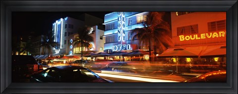 Framed Buildings at the roadside, Ocean Drive, South Beach, Miami Beach, Florida Print