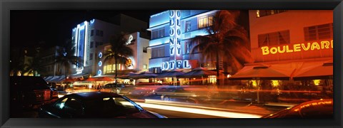 Framed Buildings at the roadside, Ocean Drive, South Beach, Miami Beach, Florida Print