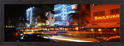 Framed Buildings at the roadside, Ocean Drive, South Beach, Miami Beach, Florida Print