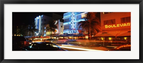 Framed Buildings at the roadside, Ocean Drive, South Beach, Miami Beach, Florida Print