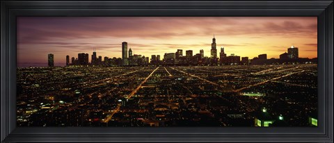 Framed CGI composite, High angle view of a city at night, Chicago, Cook County, Illinois, USA Print