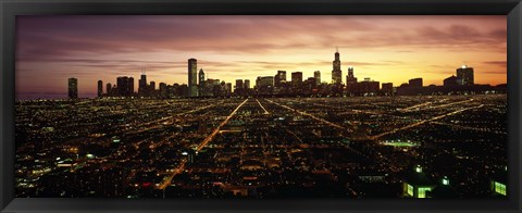 Framed CGI composite, High angle view of a city at night, Chicago, Cook County, Illinois, USA Print