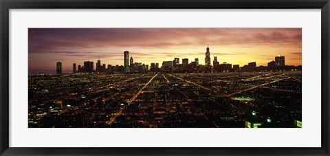 Framed CGI composite, High angle view of a city at night, Chicago, Cook County, Illinois, USA Print