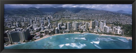 Framed Aerial view of a city, Waikiki Beach, Honolulu, Oahu, Hawaii, USA Print