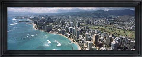 Framed Aerial view of buildings at the waterfront, Waikiki Beach, Honolulu, Oahu, Hawaii, USA Print