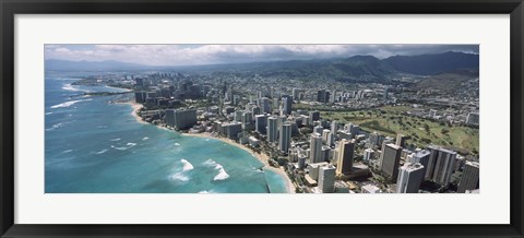 Framed Aerial view of buildings at the waterfront, Waikiki Beach, Honolulu, Oahu, Hawaii, USA Print