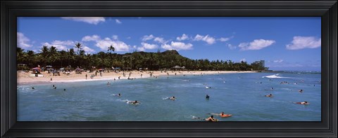 Framed Tourists on the beach, Waikiki Beach, Honolulu, Oahu, Hawaii, USA Print