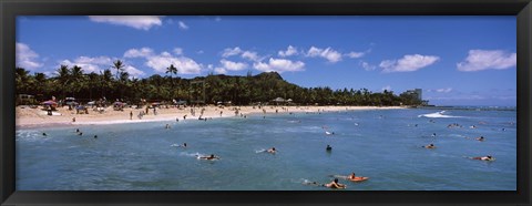 Framed Tourists on the beach, Waikiki Beach, Honolulu, Oahu, Hawaii, USA Print