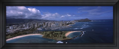 Framed Aerial view of buildings at the waterfront, Ala Moana Beach Park, Waikiki Beach, Honolulu, Oahu, Hawaii, USA Print
