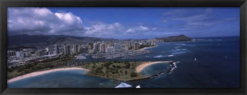 Framed Aerial view of buildings at the waterfront, Ala Moana Beach Park, Waikiki Beach, Honolulu, Oahu, Hawaii, USA Print
