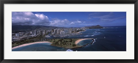 Framed Aerial view of buildings at the waterfront, Ala Moana Beach Park, Waikiki Beach, Honolulu, Oahu, Hawaii, USA Print