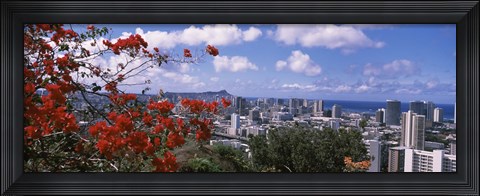 Framed Honolulu Skyline from a Distance (red flowers) Print